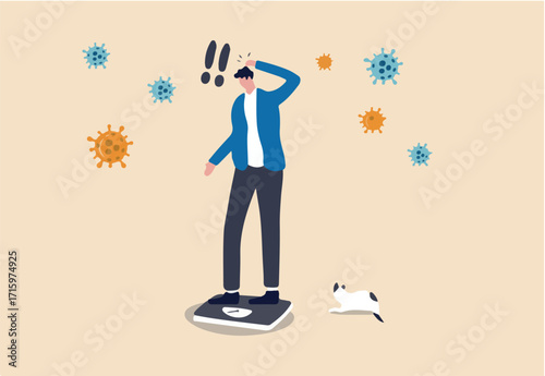 People gained weight, fat no exercise during self quarantine stay at home in COVID-19 Coronavirus social distancing concept, big fat man standing on weighing apparatus shock after see his weight
