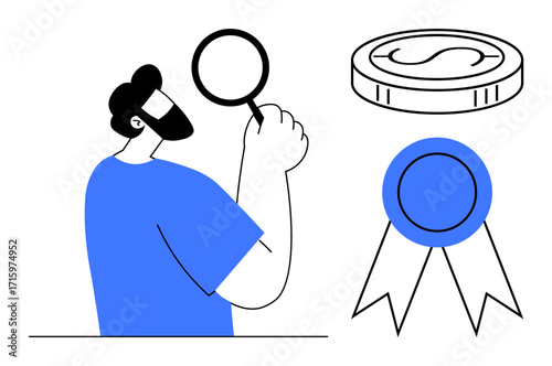 Person holding magnifying glass to inspect, next to a money coin and award ribbon. Ideal for analysis, evaluation, finance, achievement, recognition, success validation. Simple flat metaphor