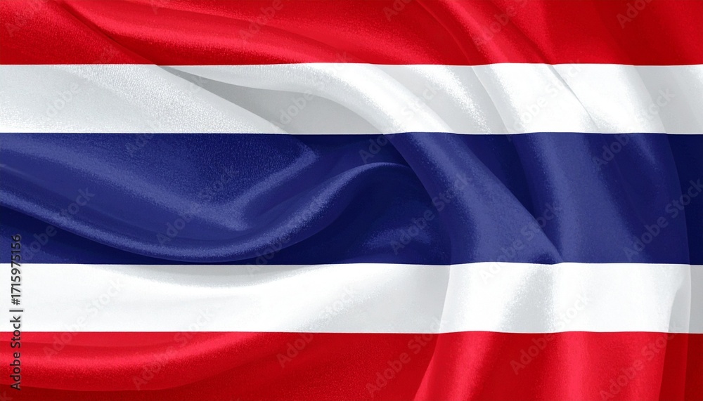 Naklejka premium Thailand’s “Thong Trairong” flag with five horizontal stripes—central blue band flanked by red and white evokes nation, religion, and monarchy in bold minimalist cultural composition.