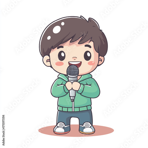 Cartoon Boy Singing into Microphone with Green Hoodie and Jeans