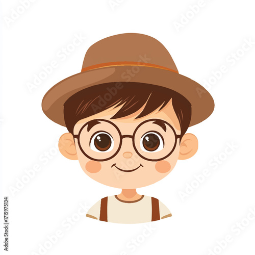 Cartoon Boy with Glasses and Hat Smiling Portrait Illustration.