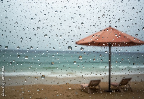 Rainy Beach Scene With Glass Drops, Umbrella, And Lounge Chairs, rainy Holidays.