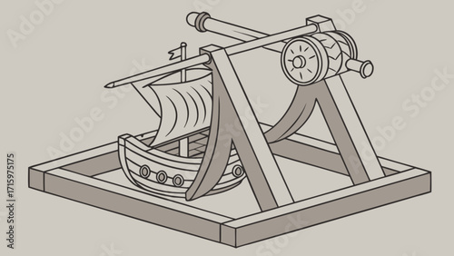 Illustration of a toy boat mounted on a catapult mechanism with a neutral color background design style