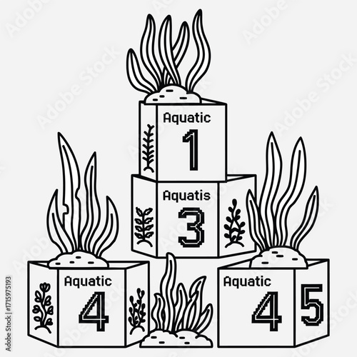 Monochrome graphic of stylized aquatic plants growing from tiered, numbered blocks, representing stages of natural progression and success