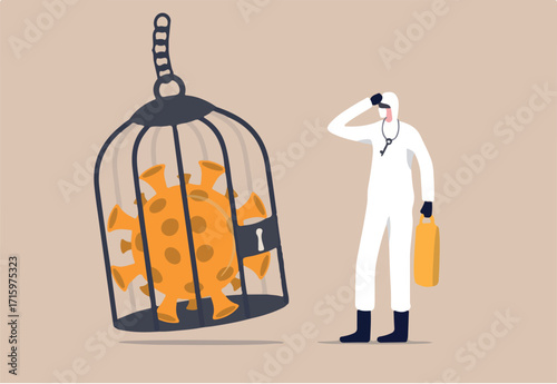 Coronavirus COVID-19 lockdown or quarantine, restricted access to country combat with COVID-19 virus outbreak concept, medical worker full protective gear with key after locked virus pathogen in cage
