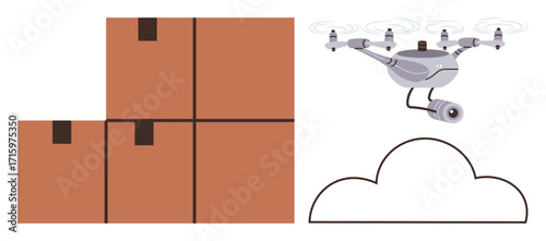 Flying quadcopter with camera near stacked boxes and cloud graphic representing shipment tracking, smart delivery, logistics innovation, tech advancements, retail service, futuristic tools, simple