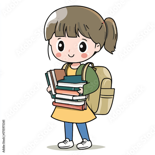 Cartoon girl with books and backpack ready for school.