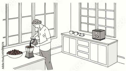 Woman pouring coffee into a coffee maker with a bowl of beans in a kitchen with windows and cabinets