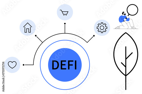 Circular network with DEFI at center, linked to heart, home, shopping, and gear icons, symbolizing finance sectors. Ideal for technology, innovation, blockchain sustainability vector graphics