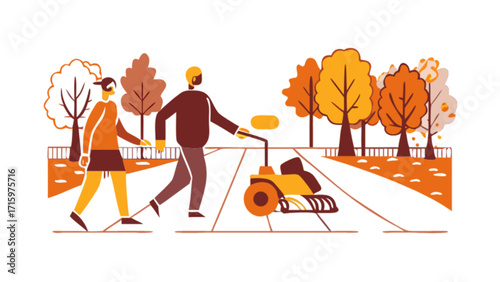 Illustration of a man mowing the lawn with a woman walking in a park with trees in autumn season