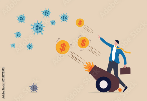 Coronavirus crisis money stimulus plan, money injection by FED, QE Quantitative Easing to help aid economic in COVID-19 Coronavirus lockdown, businessman use arsenal to shoot money to fight virus.