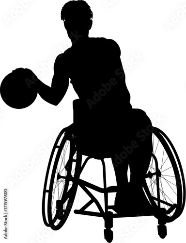 A dynamic silhouette of a male wheelchair basketball player controlling the ball with one hand while moving forward, showcasing agility and game focus.