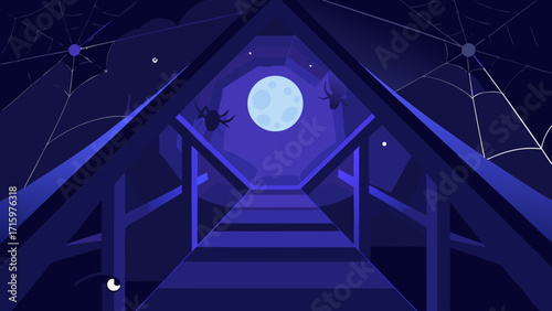 Creepy Spider Webs in Moonlit Attic – Halloween Vector Background