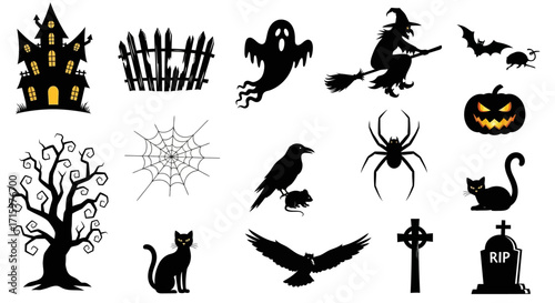 Silhouetted halloween elements depicting haunted house, witch, ghost, and other spooky figures create a festive and eerie mood for holiday celebrations.