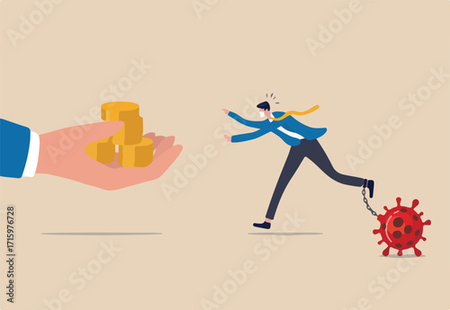 Business help, government economic stimulus package in COVID-19 Coronavirus financial crisis concept, businessman with protective mask chain with virus pathogen running to get money from helping hand.