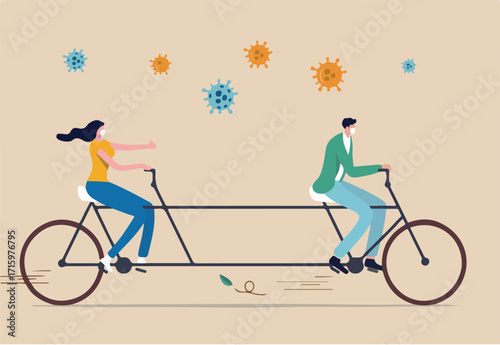 Social distancing, people keep distance in public to protect from COVID-19 Coronavirus outbreak spreading concept, couple man and woman keep distance away on tandem bicycle with Coronavirus pathogens