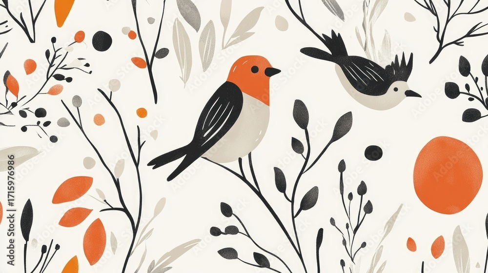 Fototapeta premium Colorful Birds in Floral Pattern Design for Creative Projects