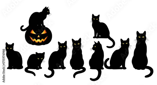 Black cats gather around a glowing jacko'lantern on a white surface, creating a spooky and festive Halloween scene.
