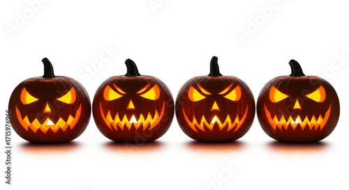 Four glowing jacko'lanterns sit sidebyside on a white surface, casting eerie shadows and creating a spooky Halloween atmosphere.