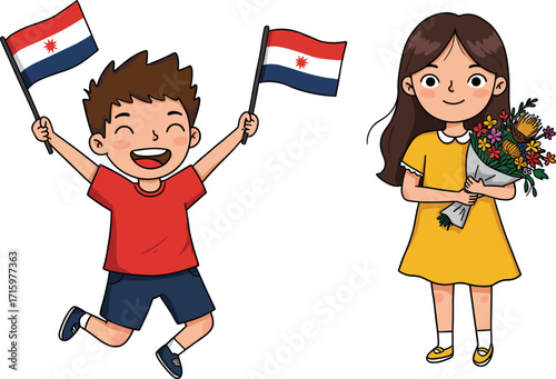 Cartoon children celebrating, holding flags, flower bouquet, joyful moment, cultural festivity, patriotic scene, cheerful illustration, national pride, outdoor fun, happy kids