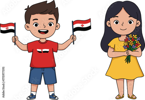 Cartoon children celebrating, holding flags, flower bouquet, cultural festivity, patriotic moment, cheerful scene, colorful illustration, national pride, kids smiling, outdoor joy