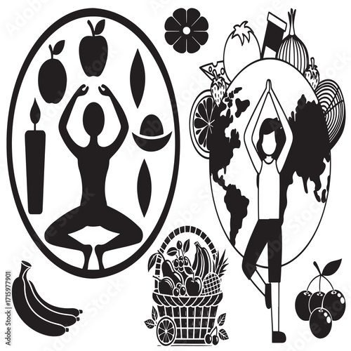 A woman practicing yoga surrounded by fresh fruits and vegetables with a world map background, highlighting health, wellness, and global nutrition awareness