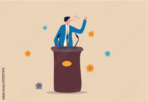 An elections amid Coronavirus pandemic or politician lies about truth of COVID-19 to win the election concept, businessman leader or politician with long nose lier talk about COVID-19 fake news.