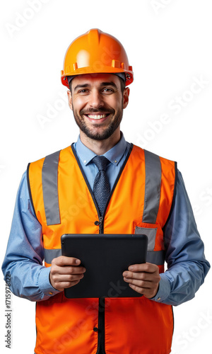 confident construction lead - A three-quarter portrait of a male engineer in orange hard hat and reflective vest holding a