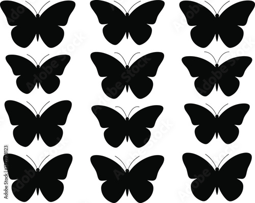 Silhouettes of butterflies in grid layout, vector illustration set, black icons, insect shapes, nature design, pattern recognition elements
