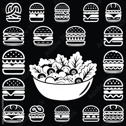 A collection of delicious burger illustrations surrounding a fresh vegetable salad bowl, showcasing a variety of mouthwatering fast food options and healthy meal choices in a modern style