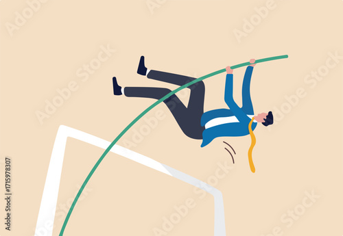 Business goal achievement, success solving business problem or succeed survive on financial crisis concept, successful confident businessman leader jumping pole vault.