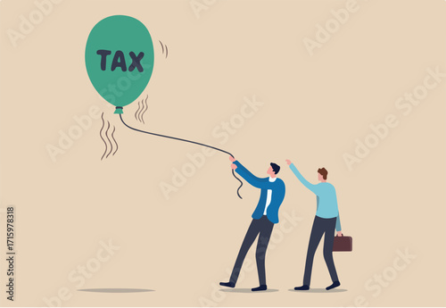 Tax rise to pay for Coronavirus COVID-19 crisis, government decision to raise tax rate for aid policy in economic crisis concept, businessmen people help to hold float rising balloon with the word TAX