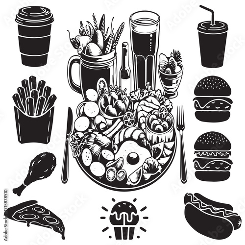 A diverse collection of fast food items including burgers, fries, pizza, hot dogs, drinks, desserts, and a beautifully arranged platter of various delicious dishes and snacks.
