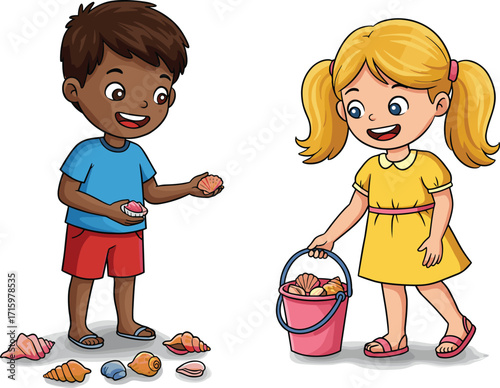 Cartoon children collecting seashells, beach activity illustration, playful kids moment, seaside exploration, colorful shells, cheerful scene, summer fun, nature interaction