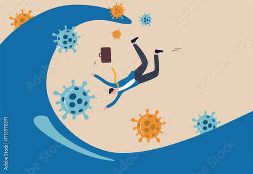 Coronavirus pandemic waves hit global economics causing company and business to collapse and bankruptcy concept, businessman company owner fall in big ocean wave with Coronavirus COVID-19 pathogen.