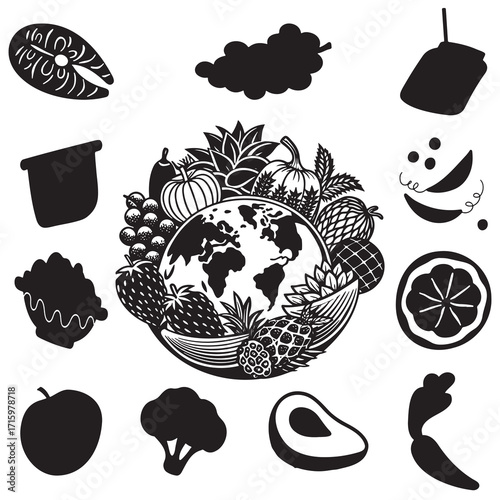 A diverse collection of fresh fruits vegetables and healthy food items surrounding a globe symbolizing global nutrition and sustainable eating practices