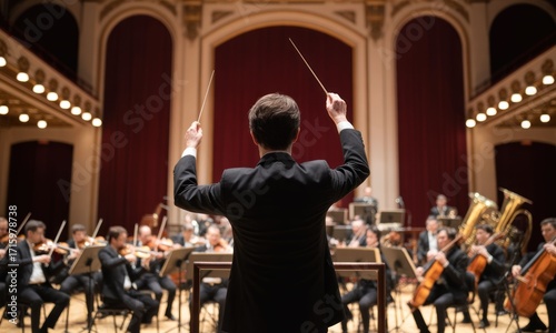 Orchestral conductor leading a large ensemble