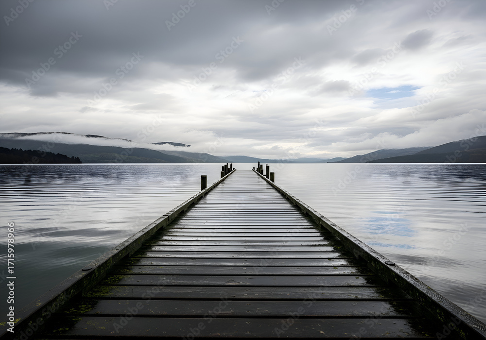 Obraz premium Pier into the Distance - A Serene Lakeside Perspective.