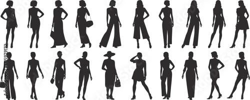 Silhouettes of stylish women in varied outfits and poses, vector illustration set, black icons, fashion diversity, design elements