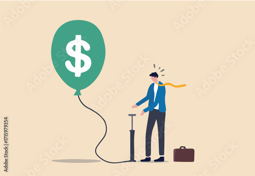 Investment bubble causing financial crisis, overvalued stock market or money inflation concept, businessman investor pumping air into big floating balloon with US Dollar money sign ready to burst.