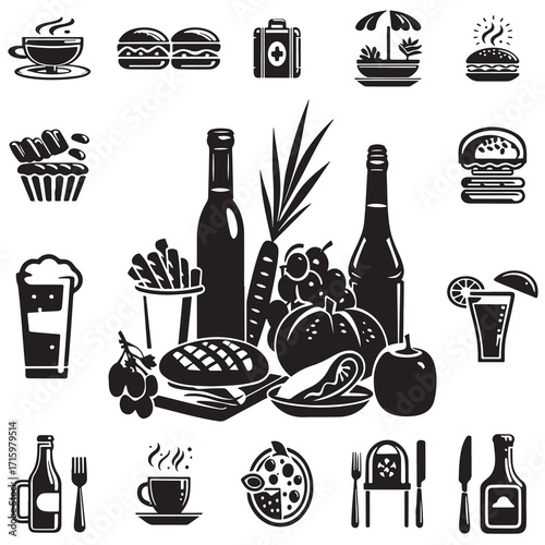 A collection of food and drink icons featuring burgers, fries, beverages, desserts, and healthy options, illustrating a variety of meals and refreshments for different tastes and occasions