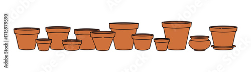 Empty flower clay pots. A vector collection on a white background.