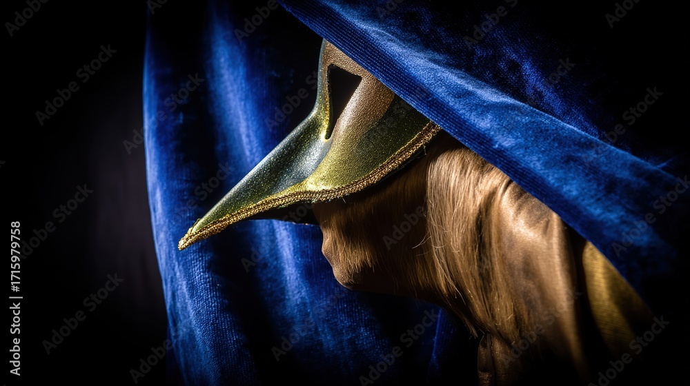 Naklejka premium brazil. Feathered carnival mask in emerald and gold on velvet fabric, spotlight highlighting textures, deep sapphire backdrop. event programs.