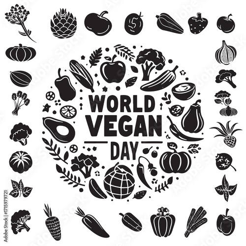 Celebrating World Vegan Day with a vibrant display of plant-based foods including vegetables, fruits, and healthy ingredients symbolizing compassion, health, and sustainability