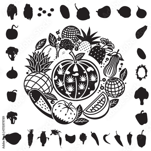 Colorful assortment of fresh fruits and vegetables arranged in a circular pattern with a central pumpkin, showcasing healthy eating and vibrant produce for culinary and nutritional inspiration