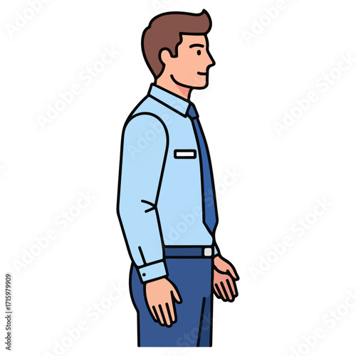 Man in formal attire stands confidently in profile view.