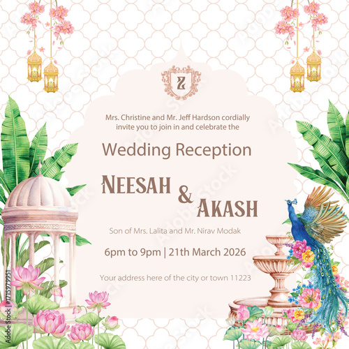 Wedding Reception Invitation Template with Peacock and Lanterns