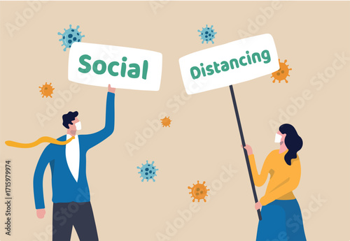 Social distancing sign in Coronavirus COVID-19 outbreak to keep distance to prevent the disease concept, people wearing face mask holding sign with the word Social and Distancing with virus pathogen.