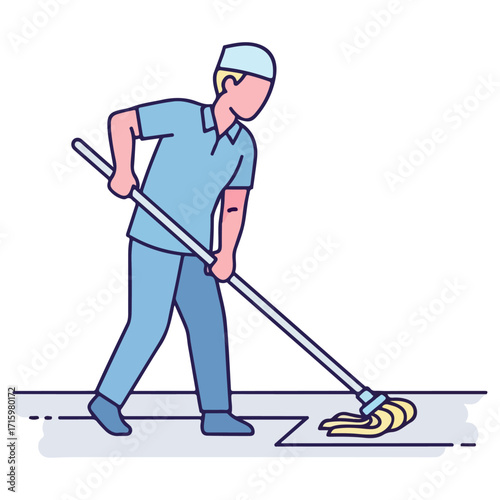 Janitor diligently cleaning the floor with a mop.