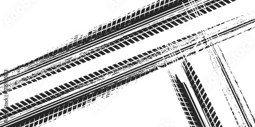 Tire track. Car, bike, motorcycle tyre mark with grunge effect isolated on white background. Wheel footprint on the road. Top view of rubber protector mark